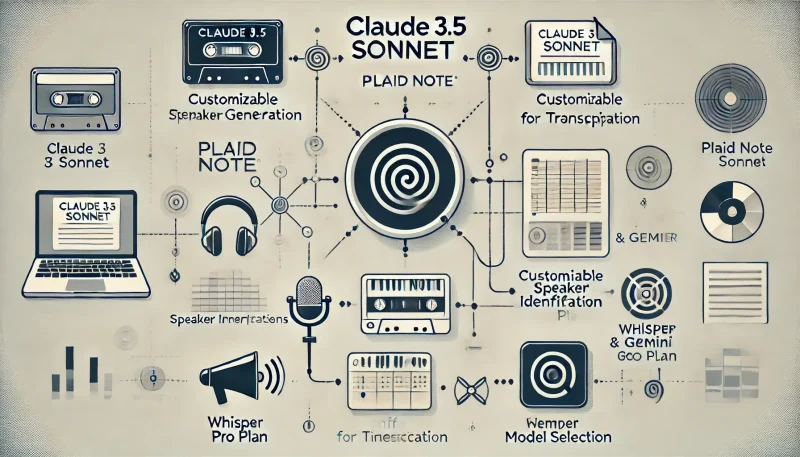 Claude 3.5 SonnetとPLAID NOTEプロプランによる文字起こしの裏技を示した図。カスタマイズ可能なテンプレート、発言者識別機能、モデル選択の自由が視覚的に表現されている