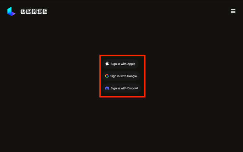 Dream Machine GENIE AppleやGoogle、Discordのいずれかのアカウントでログイン