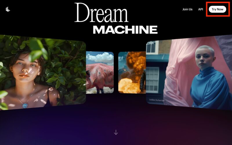 Dream Machine（Luma AI）の始め方と使い方　Dream MachineのWebサイトに行き「Try Now」をクリック