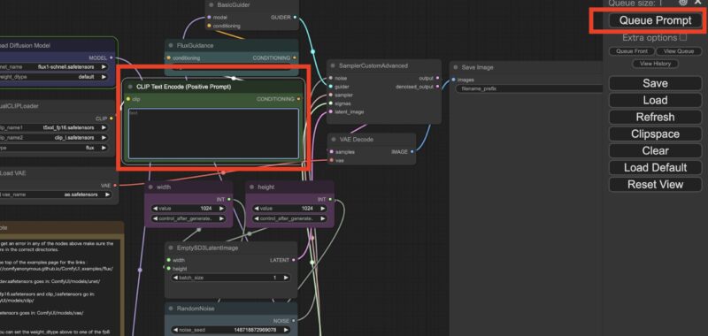 FLUX.1をローカル環境 ComfyUIでの導入手順 「CLIP Text Encode」の部分にプロンプトを入れ、「Queue Prompt」をクリック