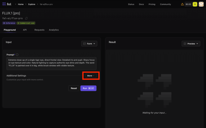 FLUX.1をfal.aiで画像生成する始め方 「More」をクリック