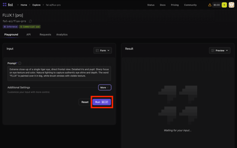 FLUX.1をfal.aiで画像生成する始め方 「Run」ボタンをクリック