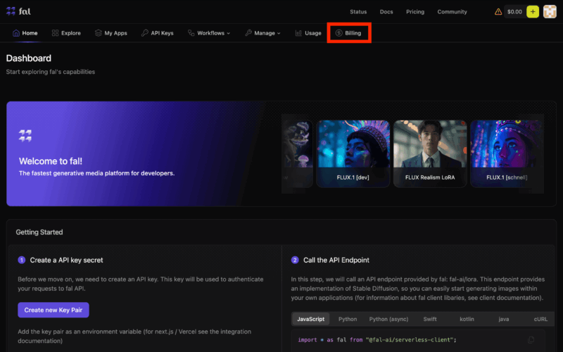 FLUX.1をfal.aiで画像生成する始め方 ダッシュボードから「Billing」
