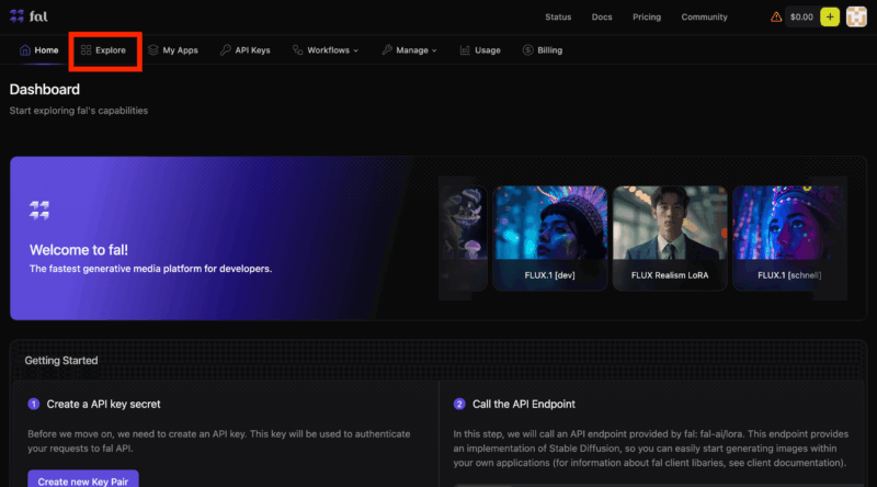 FLUX.1をfal.aiで画像生成する始め方 ダッシュボードから「Explore」
