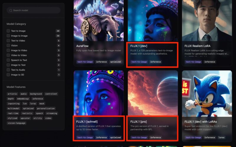 FLUX.1をfal.aiで画像生成する始め方 利用可能なFLUX.1モデル、「FLUX.1 [dev]」「FLUX.1 [schnell]」「FLUX.1 [pro]」の中から選択