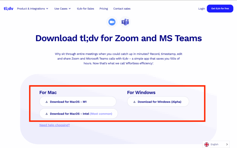 tl;dv Zoom、Teams、Google Meetでの設定方法 パソコンの環境に合ったバージョンを選んでインストール