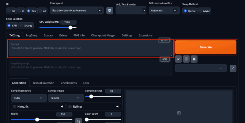 Stable Diffusion WebUI Forgeでの導入 プロンプトを入力し、「Generate」をクリック