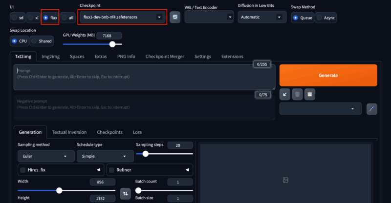 Stable Diffusion WebUI Forgeでの導入 UIの項目で「FLUX」を選択、Checkpointの項目はダウンロードしたモデルを選択