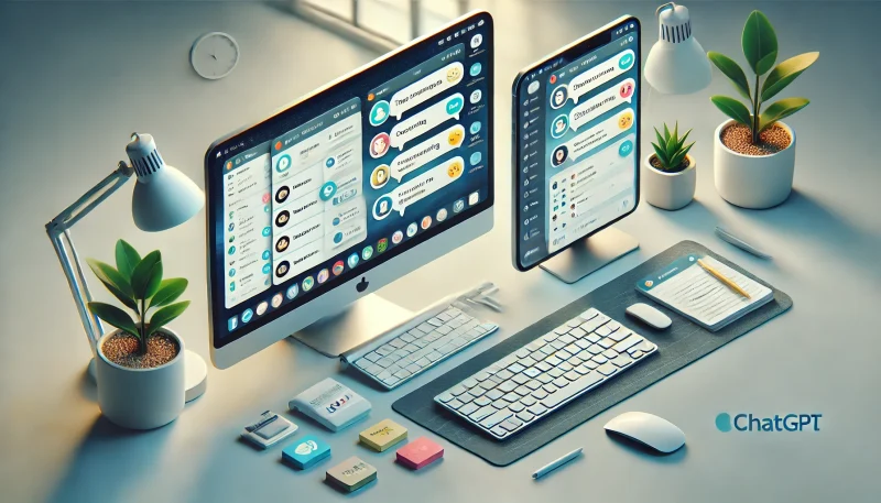 A modern, isometric-style illustration showcasing convenient ways to use the ChatGPT desktop app for both Windows and Mac. The setup features two screens, one with a Windows desktop and another with a Mac desktop, each displaying the ChatGPT interface with various chat windows open, showing practical uses like task management, creative writing, and answering questions. The scene includes a shared workspace with two keyboards, a trackpad, and a mouse, creating a unified yet dual-platform look. The background has soft lighting with shades of blue and gray, maintaining a professional, tech-focused atmosphere.