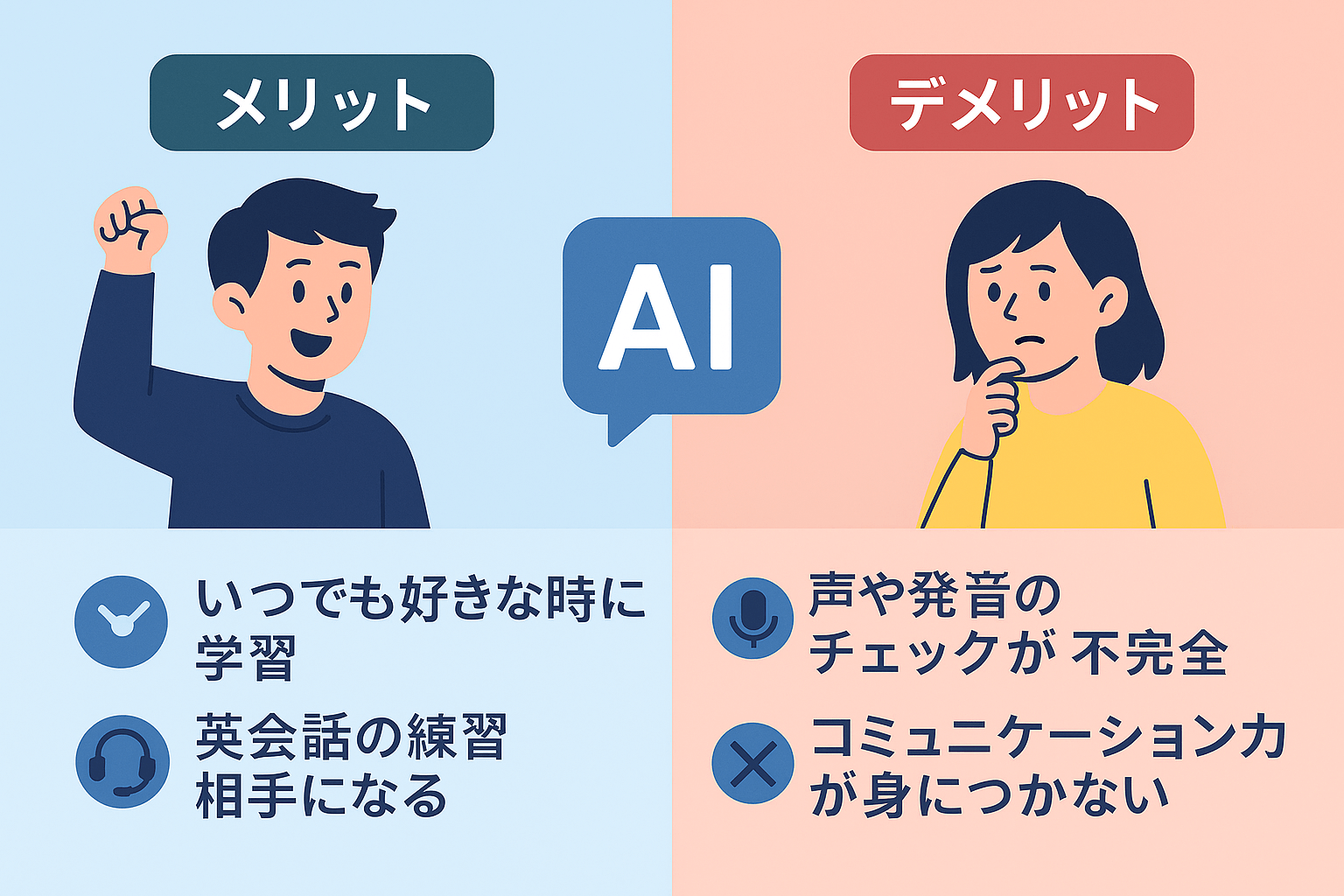 Geminiで英会話学習をするメリットとデメリットを説明する横長のインフォグラフィック。左側には『メリット』として、1. 時間や場所を選ばず練習できる、2. 発音や文法の即時フィードバックが得られる、右側には『デメリット』として、1. 対人会話に比べて臨場感が少ない、2. 誤認識や誤訳のリスクがある、といった内容を示すイラストとアイコンが配置されている。