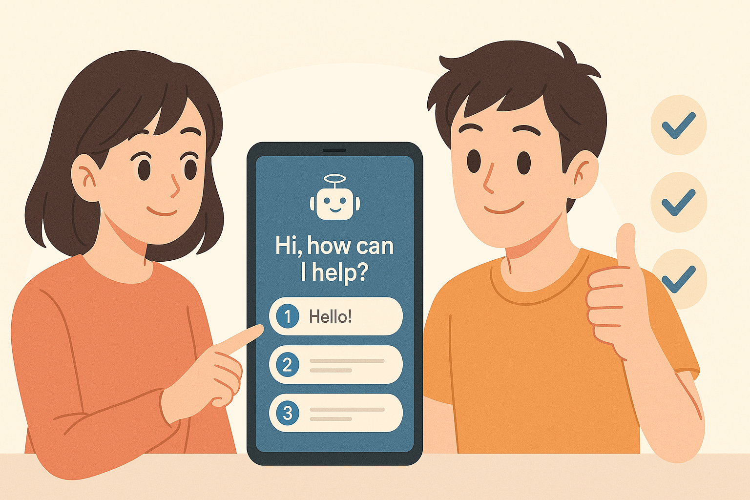 フラットデザインのイラストで、若い男女がラップトップやスマートフォンを使って英会話アプリに取り組んでいる様子。明るく親しみやすい雰囲気で、初心者が楽しく学べる印象を与える構成。