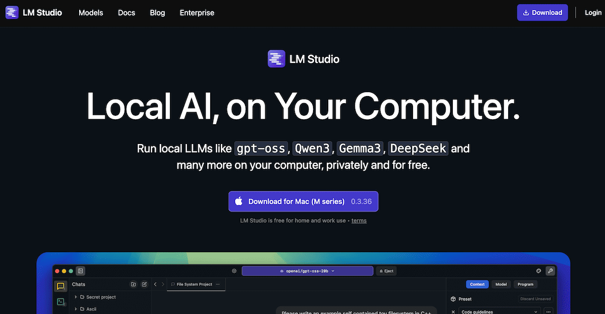 LM Studio公式サイトのスクリーンショット