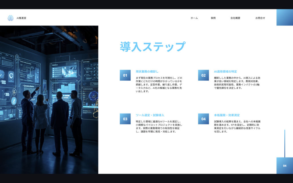 Canvaで生成したスライドの「導入ステップ」ページ。青いモニターが並ぶ室内の写真と4段階の導入手順を示すカード