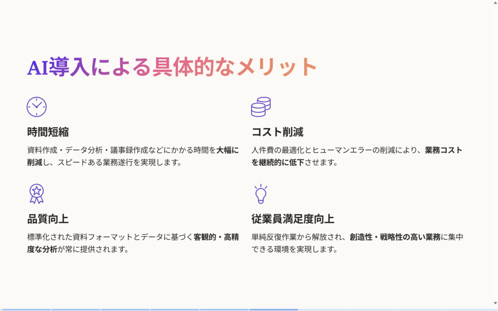 Gammaで生成したスライドの「AI導入による具体的なメリット」ページ。時間短縮・コスト削減など4項目をアイコン付きで整理
