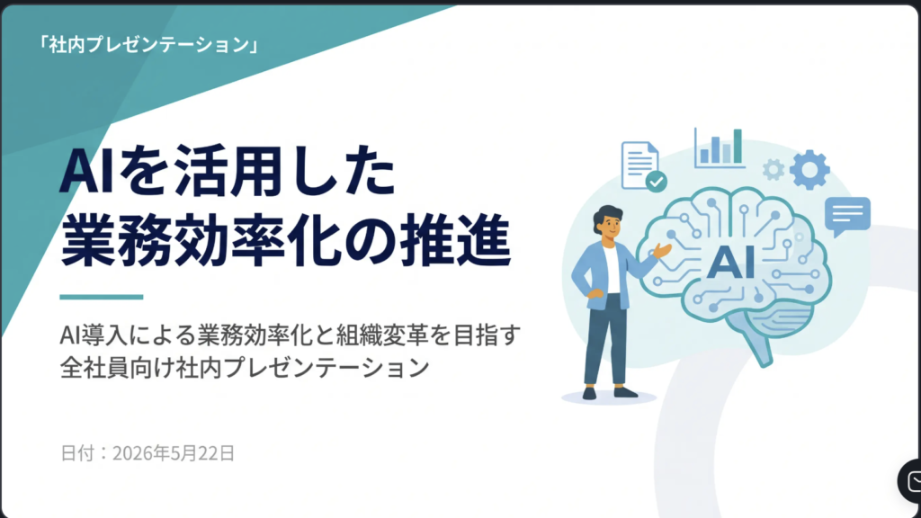 Skyworkで生成したプレゼン資料の表紙スライド。「AIを活用した業務効率化の推進」というタイトルと人物・AIのイラスト