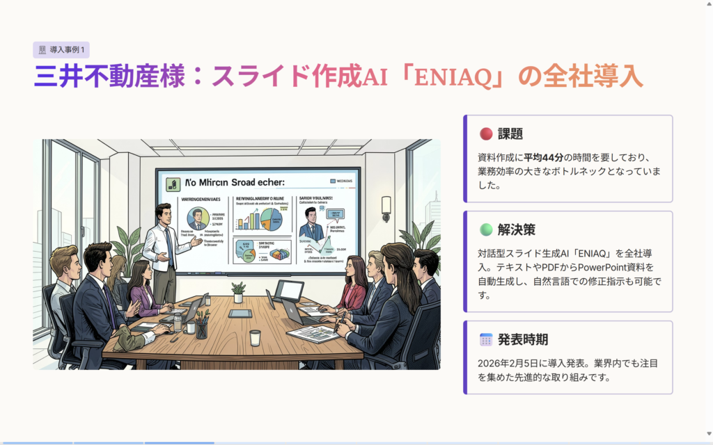 Gammaで生成したスライドの「導入事例1」ページ。会議室でスライドを説明するイラストと課題・解決策・発表時期の説明