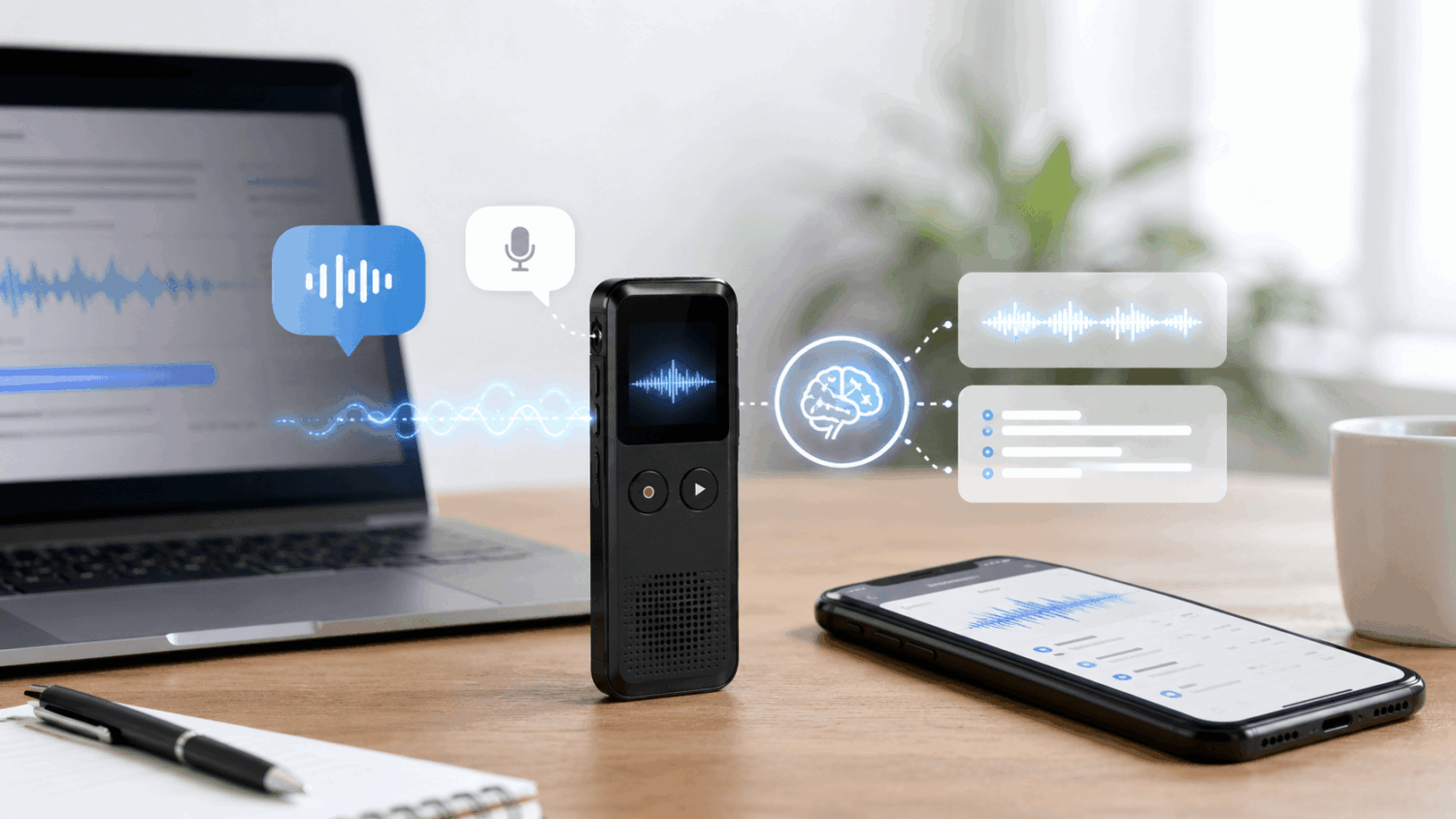 ノートパソコンとICレコーダー、AI処理を表す脳のアイコンで音声がテキスト化される流れを示したイラスト