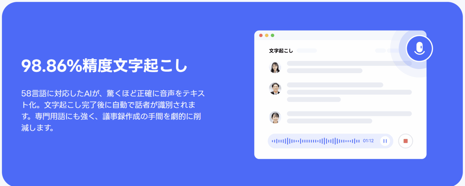 Notta公式の「98.86%精度文字起こし」訴求、58言語対応と話者自動識別の説明