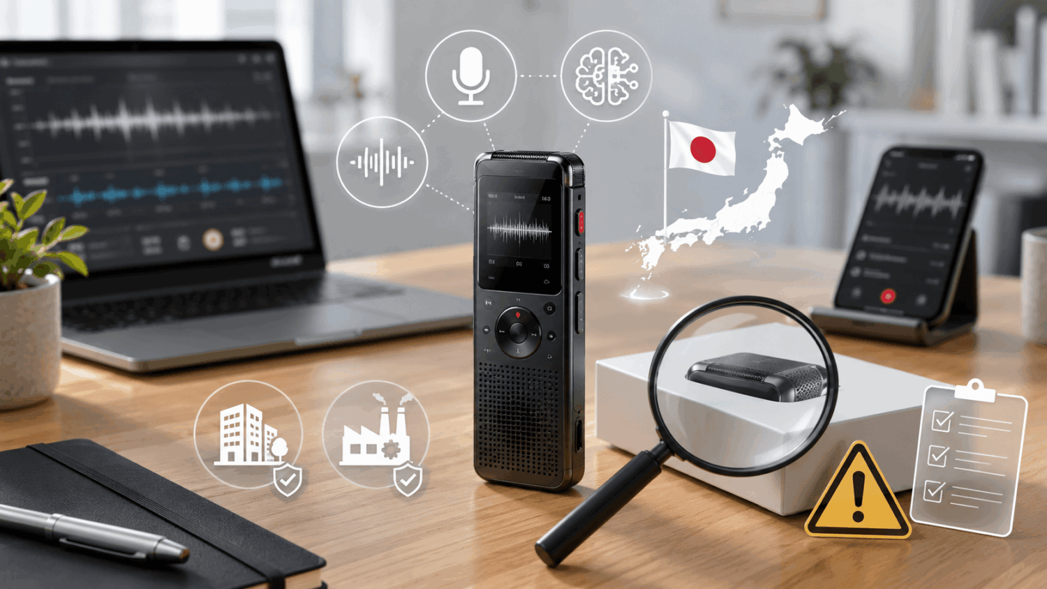 日本地図と虫眼鏡、チェックリストのイラストでAIボイスレコーダーの日本製品と海外製品の違いを示す比較イメージ
