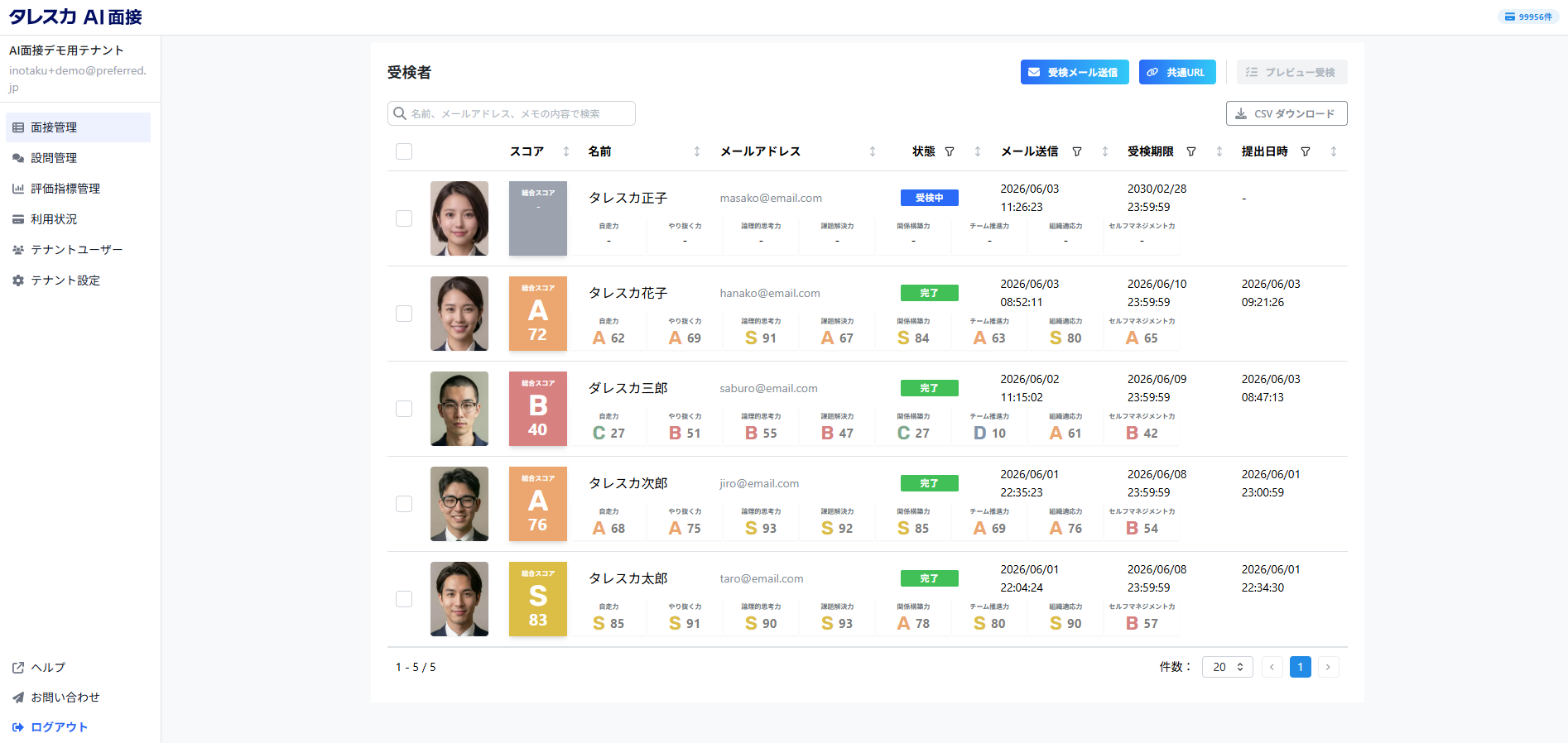 応募者のスコアを一覧できるタレスカAI面接の受検者一覧画面
