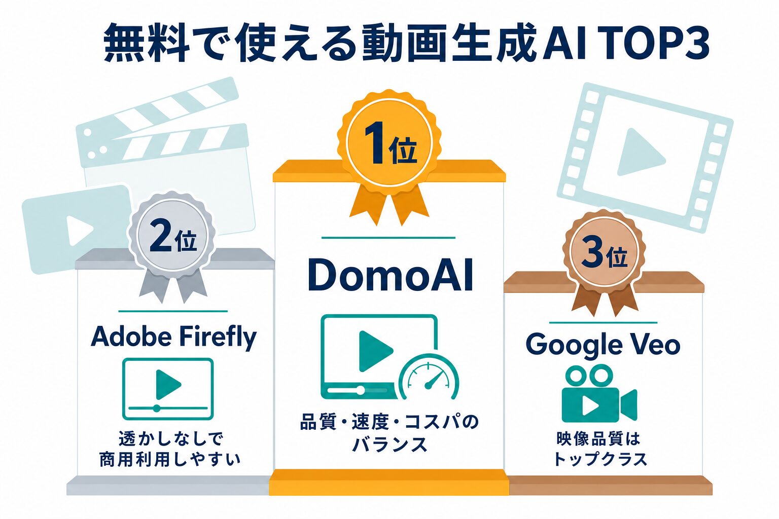 無料で使える動画生成AIランキングTOP3の図解。1位DomoAIは品質・速度・コスパのバランス、2位Adobe Fireflyは透かしなしで商用利用しやすい、3位Google Veoは映像品質がトップクラス