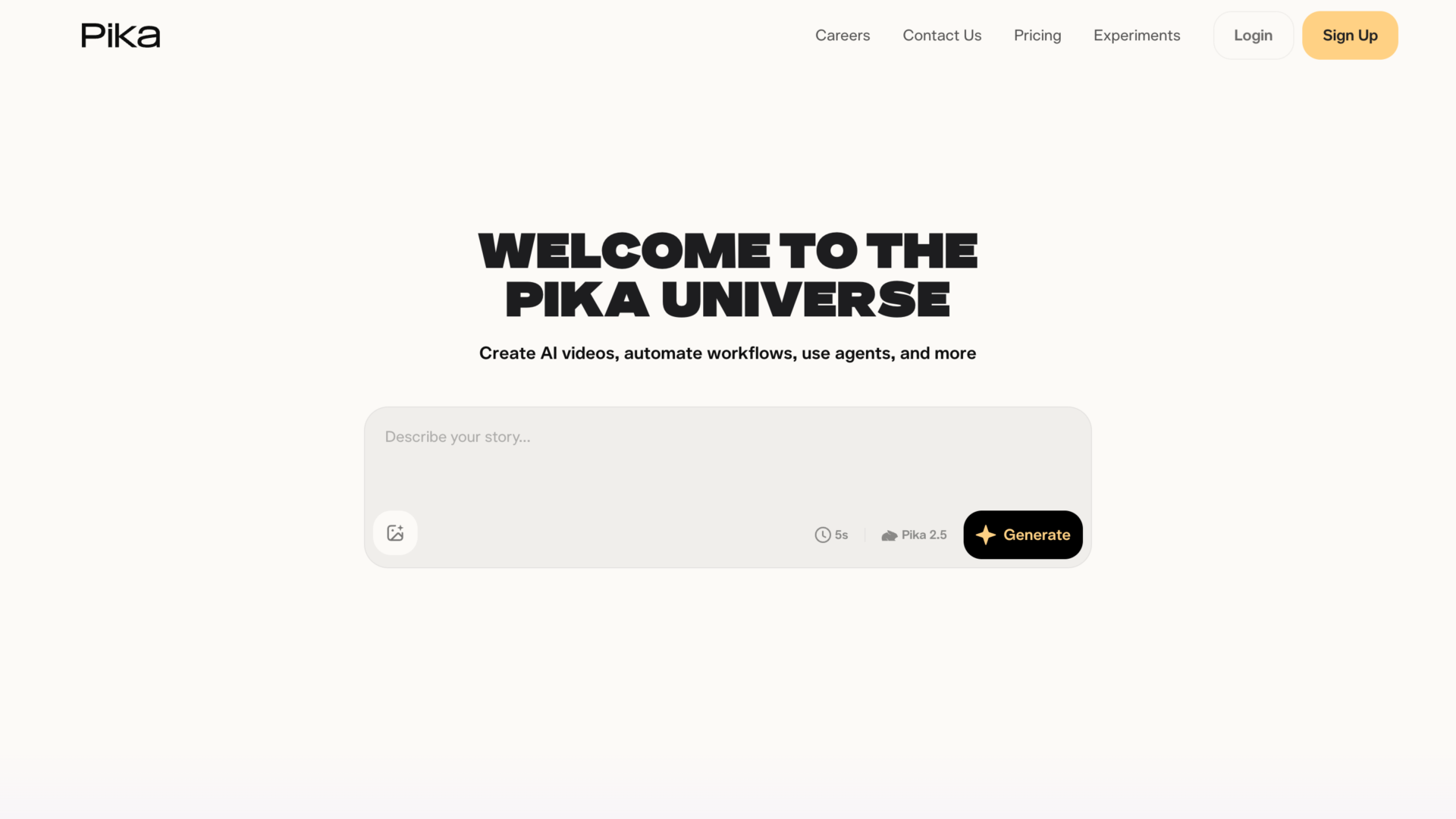 Pika公式サイトのトップページ。「WELCOME TO THE PIKA UNIVERSE」の見出しとPika 2.5のプロンプト入力欄が表示されている