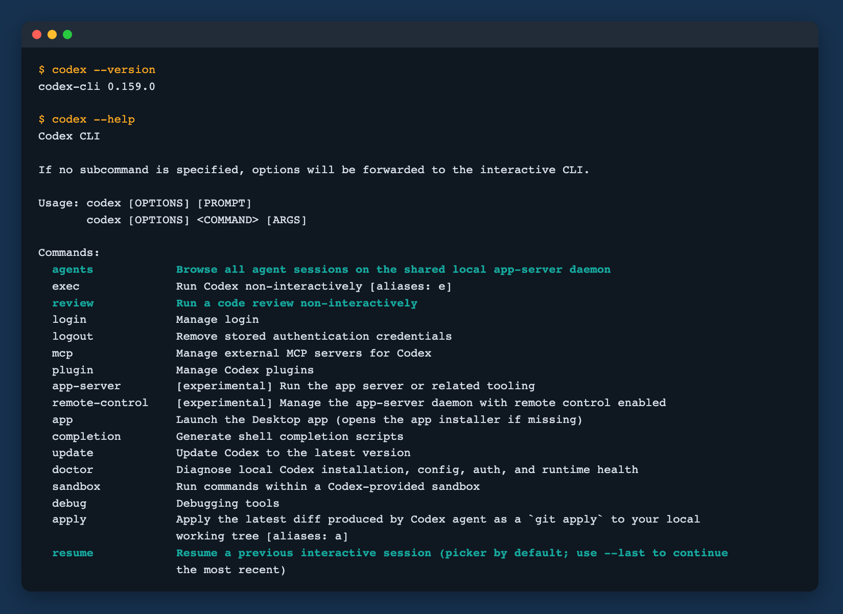 codex --versionで0.159.0と表示され、codex --helpのコマンド一覧にagents、review、resumeが並ぶターミナルの出力