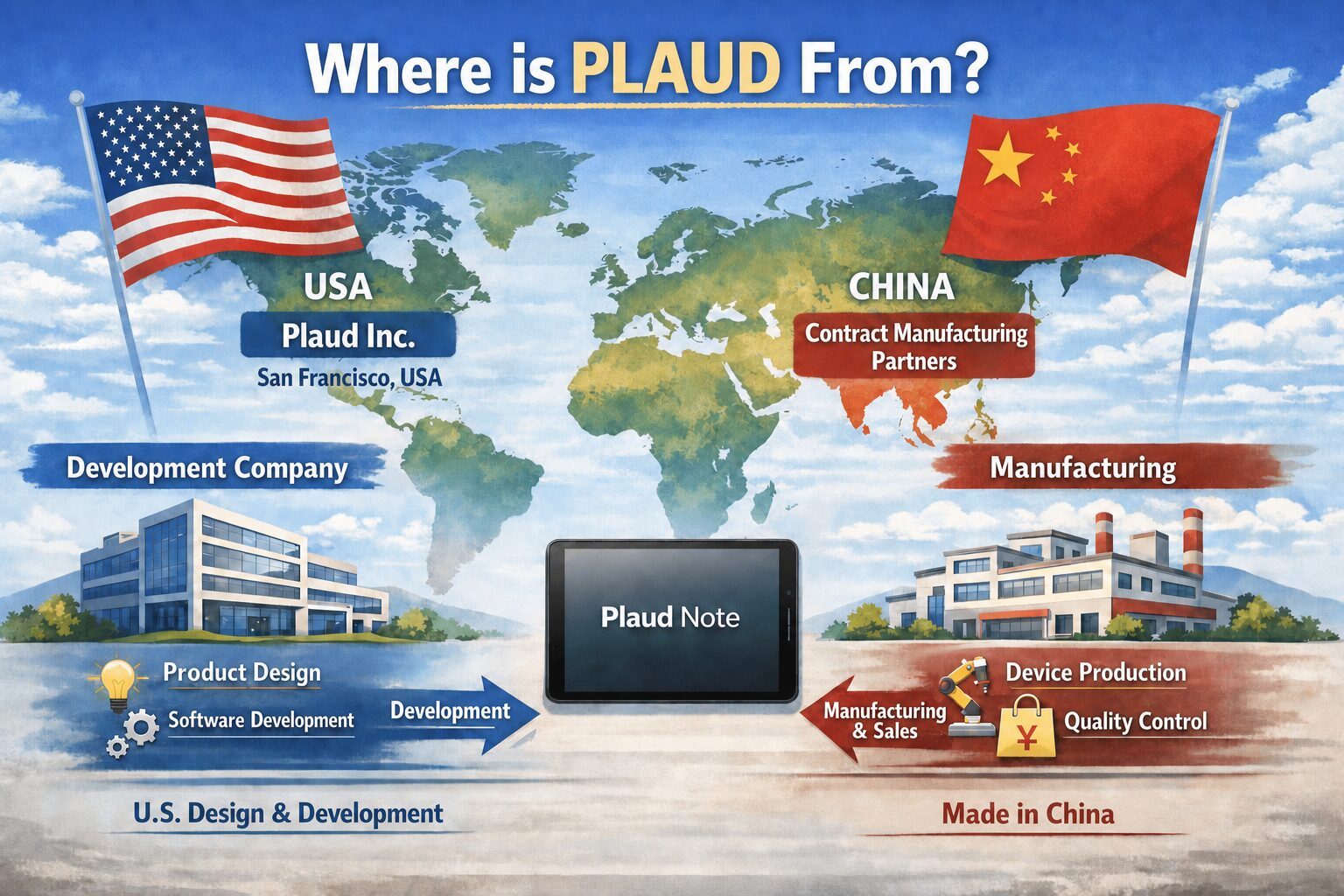 アメリカのPlaud Inc.が開発を担い、製造は中国の委託先が行うことを示す図解