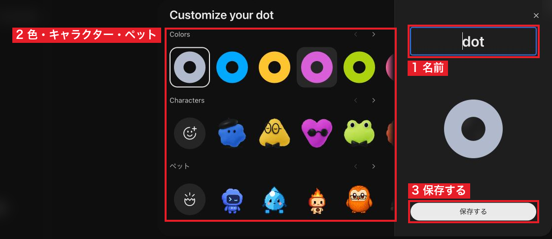 名前の入力欄（1）、色・キャラクター・ペットの選択肢（2）、「保存する」ボタン（3）があるCustomize your dot画面