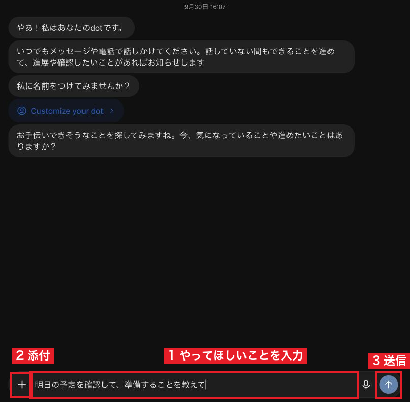 dotとの会話画面の入力欄に依頼を入力した状態（1）と、添付の「+」（2）、送信ボタン（3）