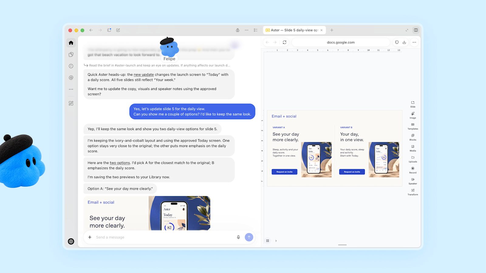 dotが製品ローンチの資料を修正し、デザイン案を並べるOpenAI公式の画面イメージ