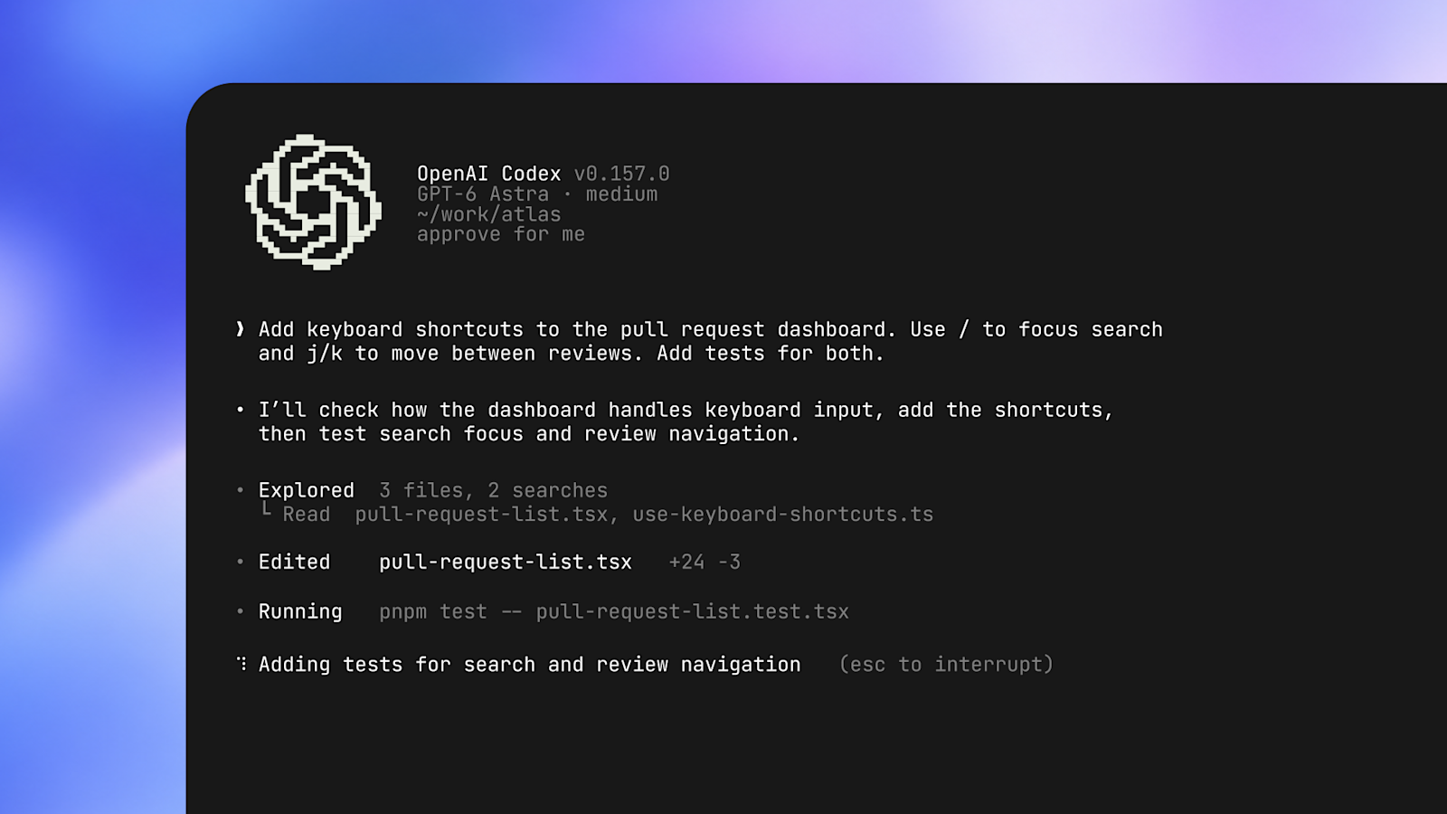Codexがファイルを調べて編集し、テストを実行している様子を表示したCodex CLIのターミナル画面