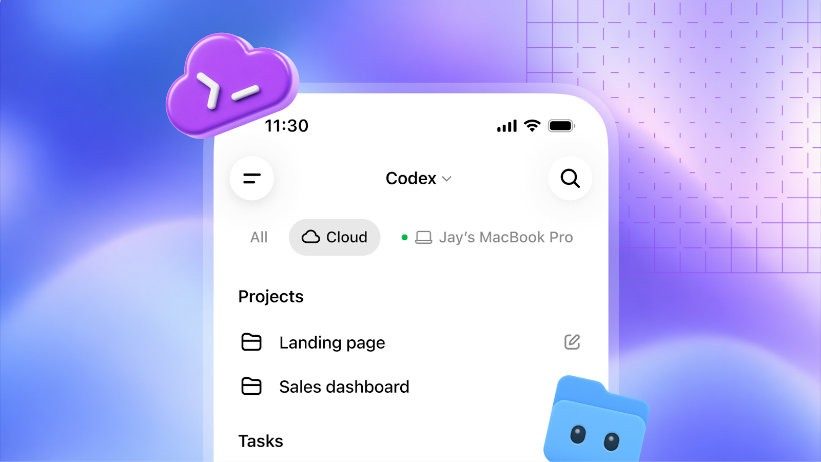 Codex クラウドのプロジェクト一覧を表示したスマートフォンの画面