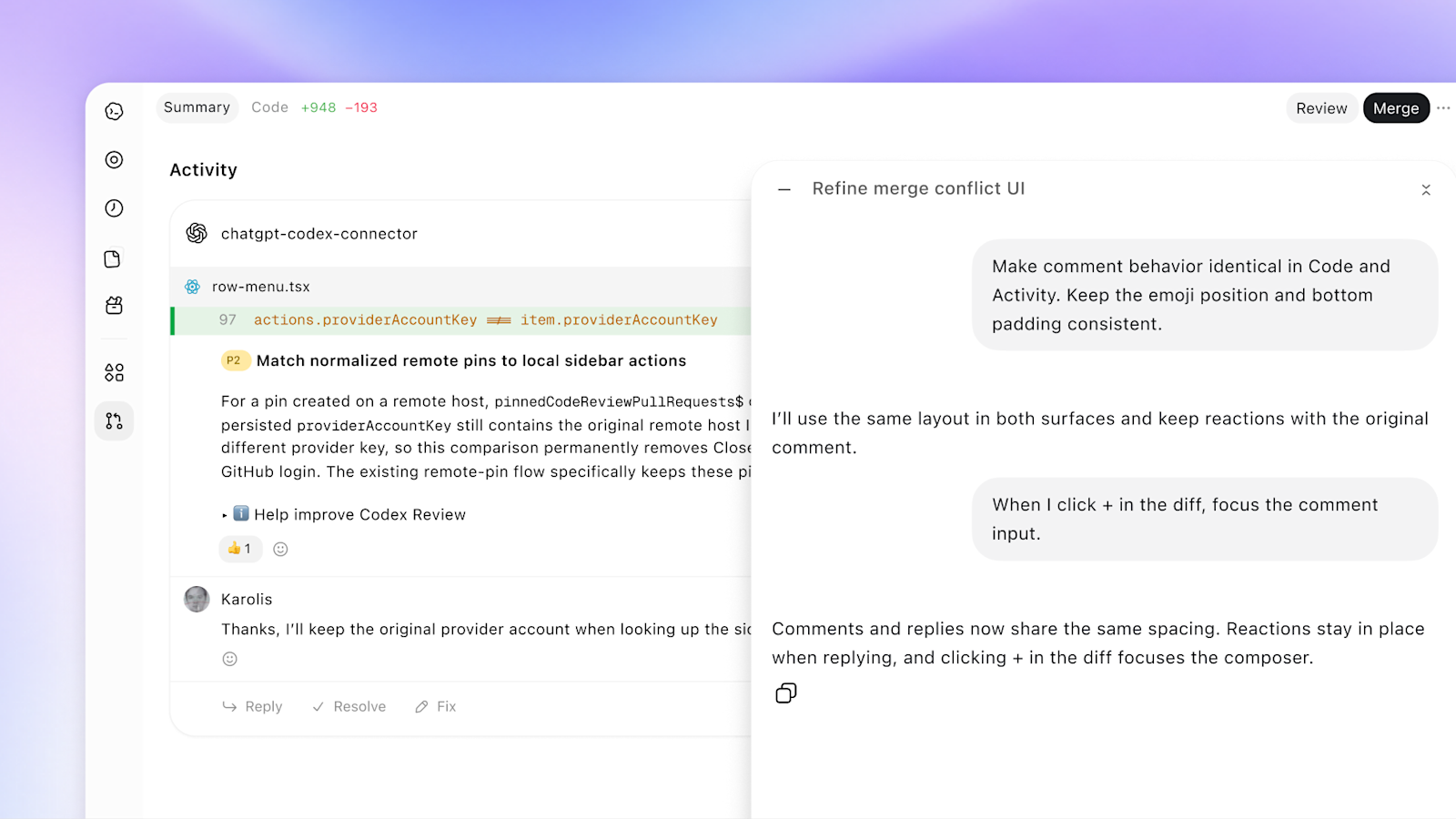 プルリクエストの指摘とCodexとのやり取りを左右に並べて表示したコードレビューの画面