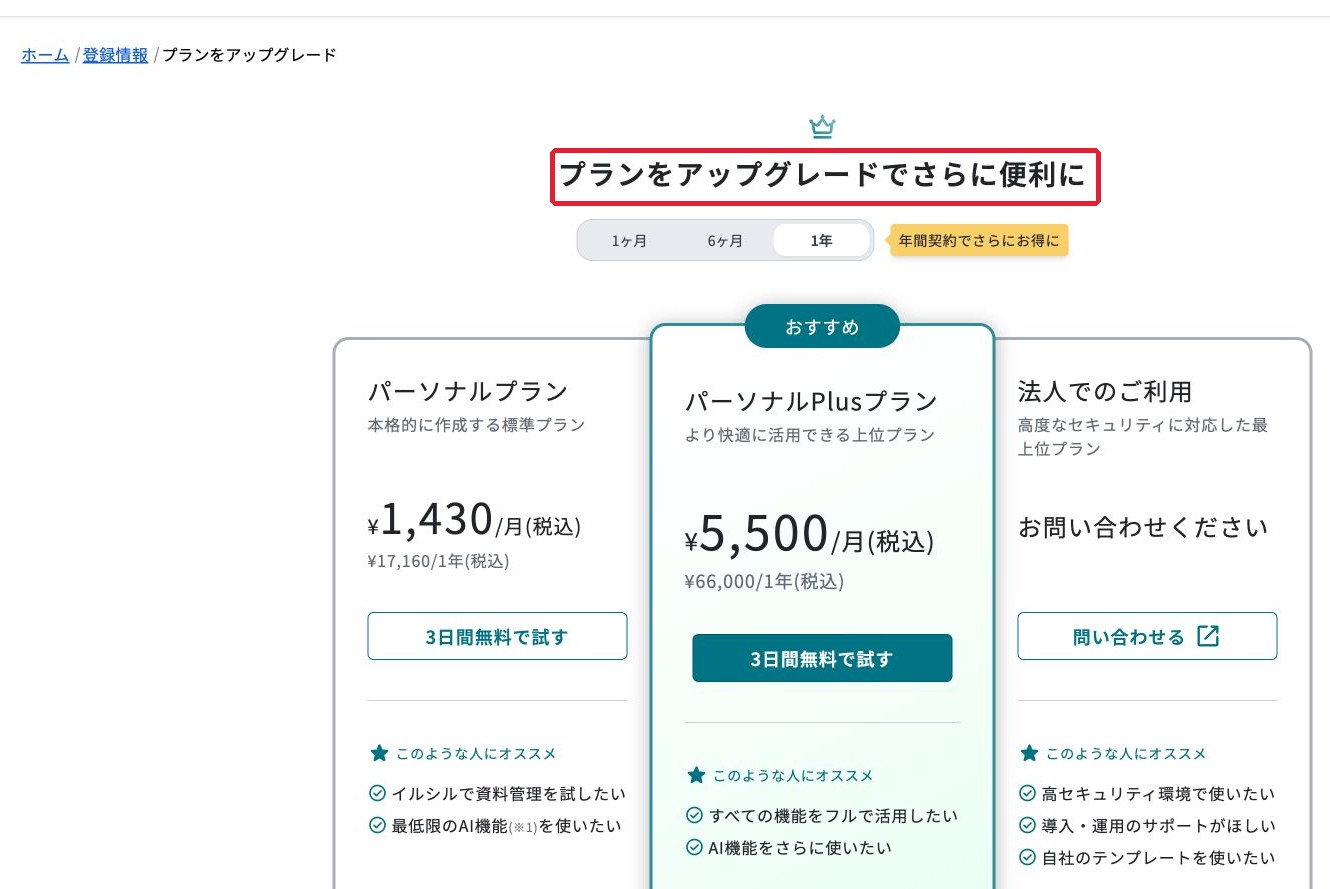 有料プランへのアップグレードを案内する画面