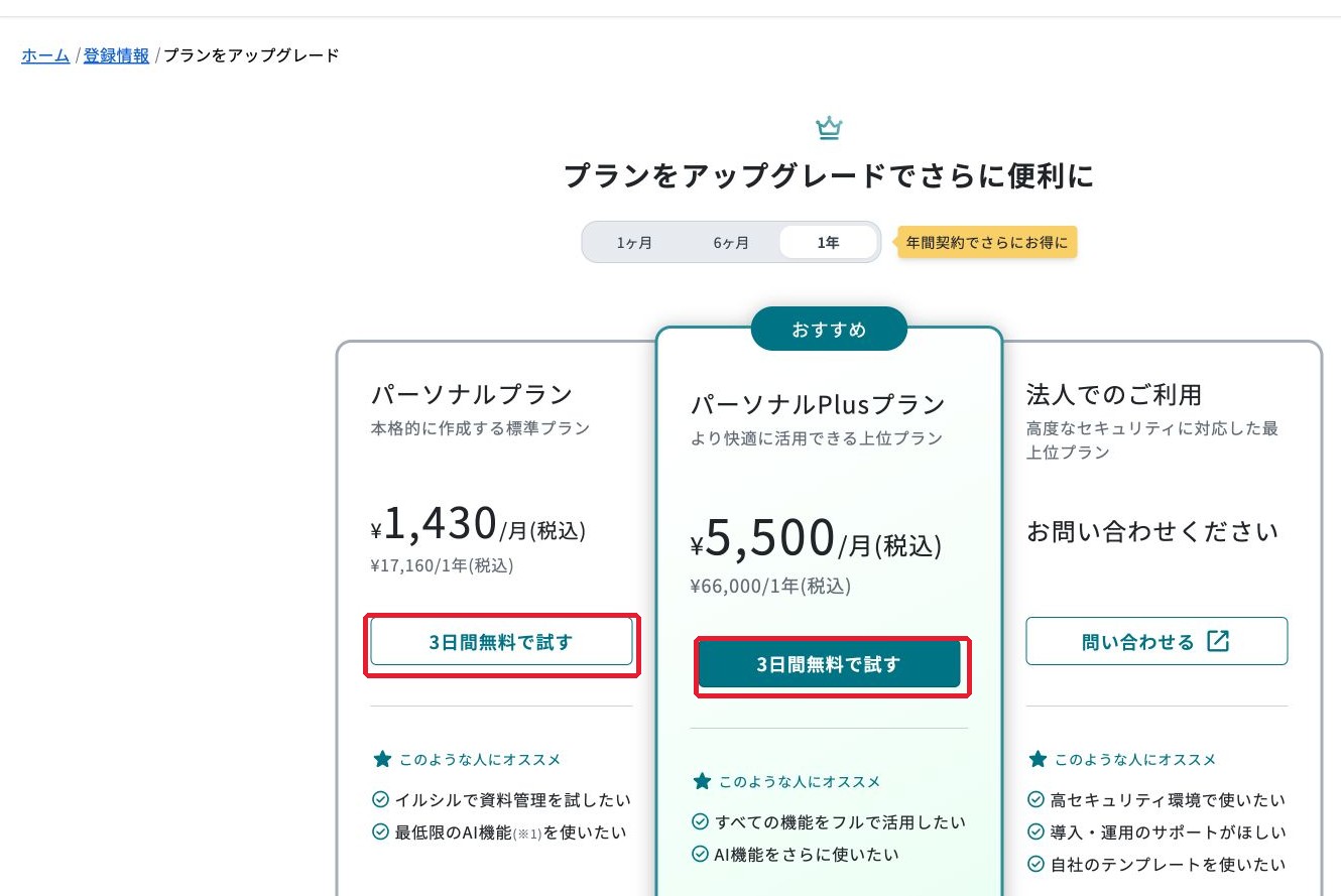 「3日間無料で試す」を選択する画面