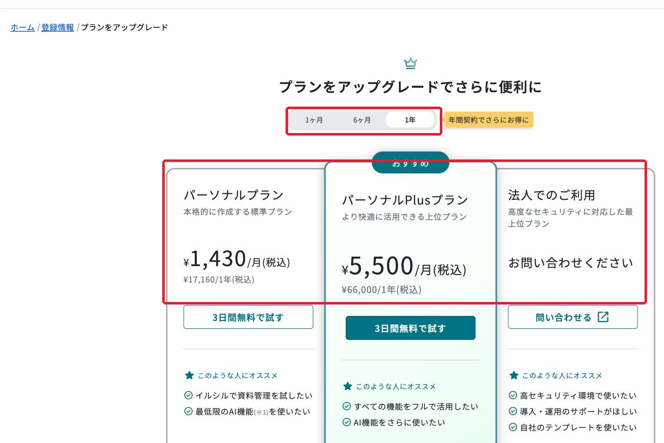 パーソナルプランと契約期間を選択する画面