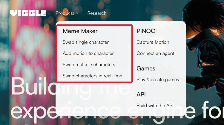 Viggle AI公式サイトのProductsメニュー。Meme Maker配下にキャラクターの入れ替えやモーション追加などの機能が並ぶ