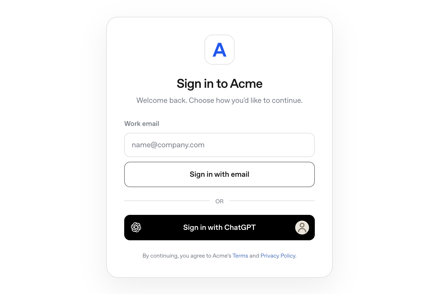 メールアドレスでのサインインの下にSign in with ChatGPTボタンが並ぶ、対応アプリのサインイン画面の例