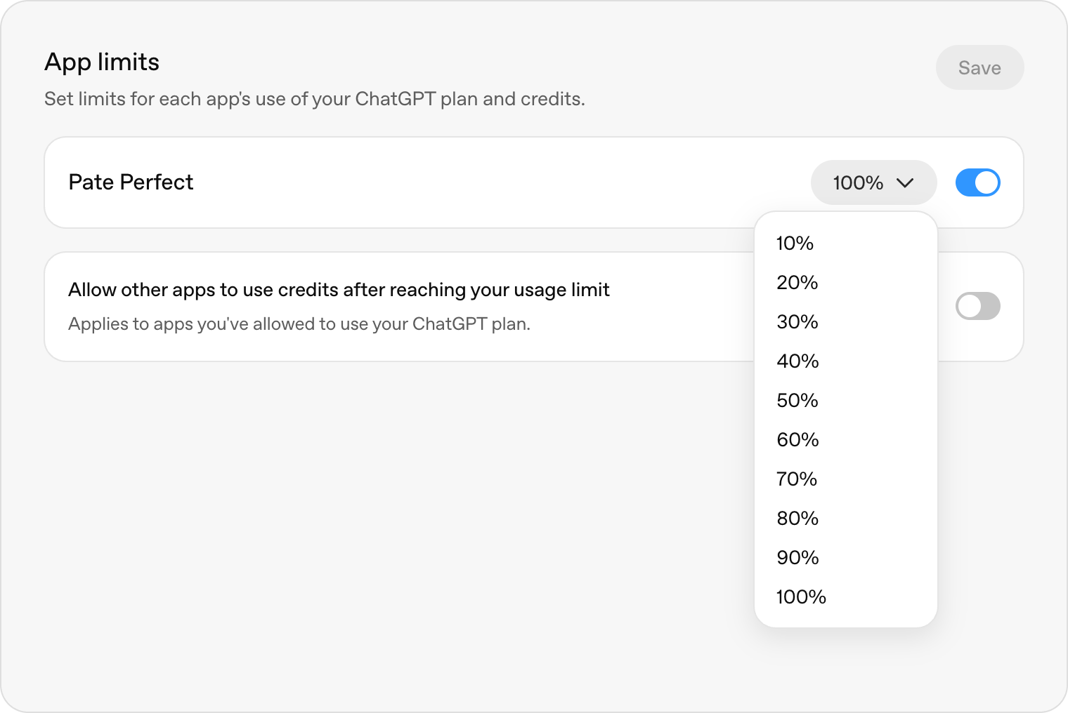 ChatGPTの設定にあるApp limitsで、アプリごとの上限の割合を選ぶメニューとクレジット利用のスイッチ