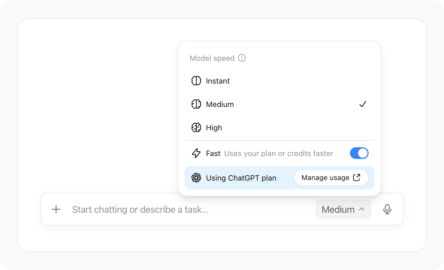 対応アプリのモデル選択メニューの下に、Using ChatGPT planとManage usageボタンが表示された例