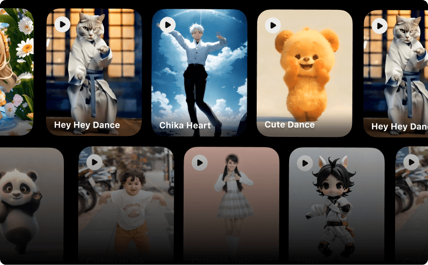 SelfyzAI公式サイトのAIフォトダンス機能の紹介画像、猫・クマ・人物などが踊る動画テンプレート（Hey Hey Dance・Chika Heart・Cute Danceなど）を並べた一覧