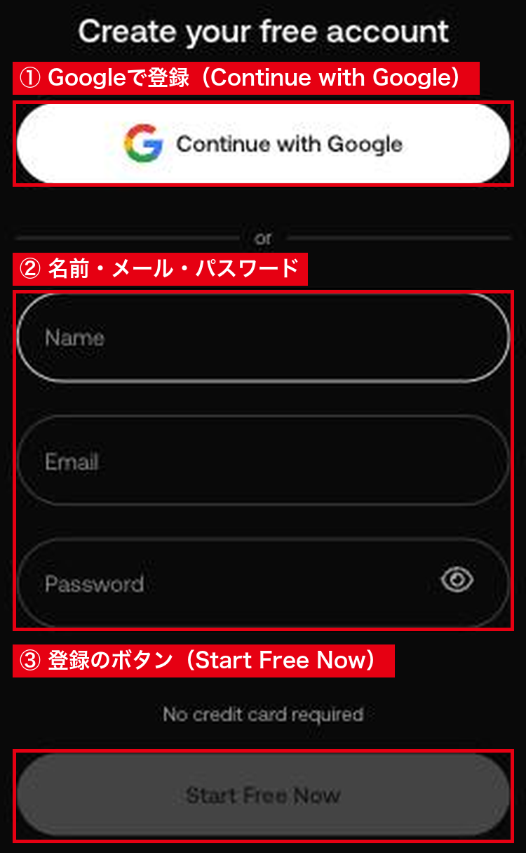 Artlistの無料登録の画面にある「Continue with Google」ボタン、Name・Email・Passwordの入力欄、「No credit card required」の表示と「Start Free Now」ボタン