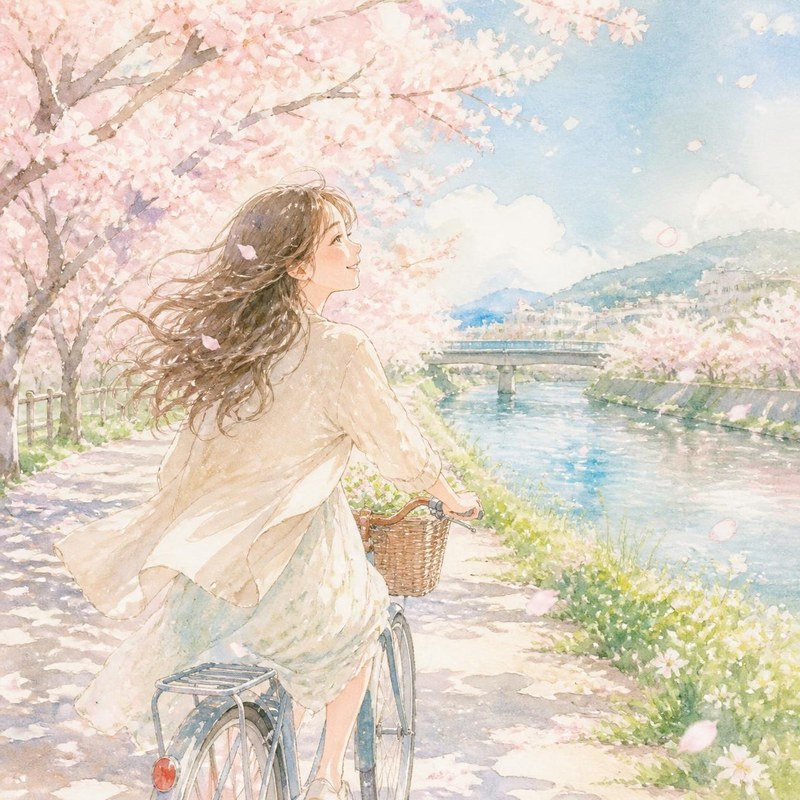 Canvaで作った桜並木と自転車の水彩画風イラスト