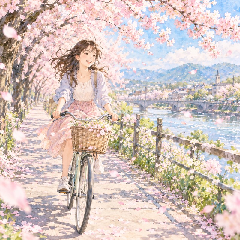 ChatGPT Imagesで作った桜並木と自転車の水彩画風イラスト