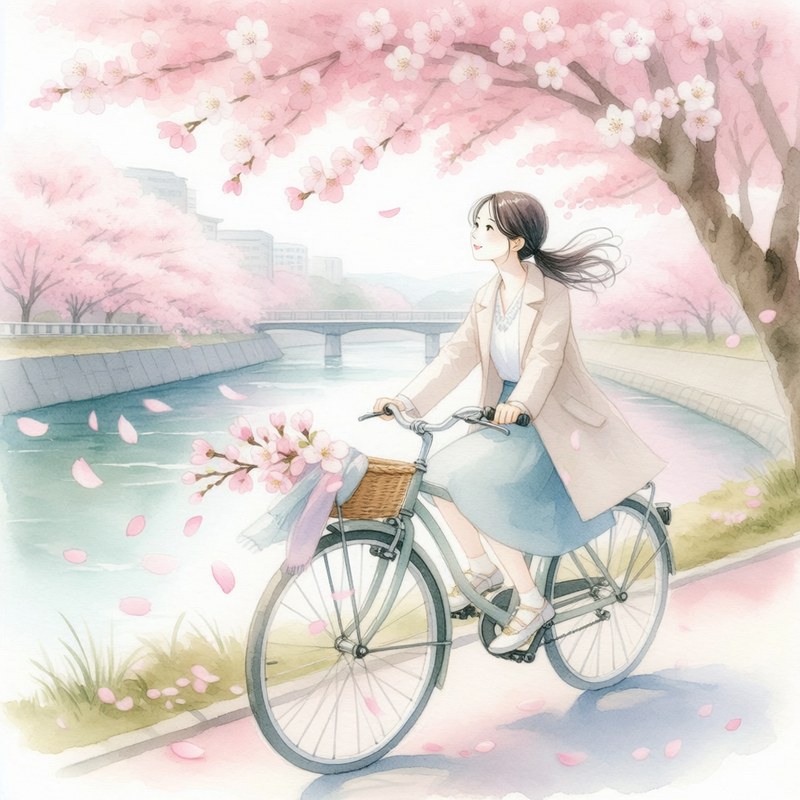 Adobe Fireflyで作った桜並木と自転車の水彩画風イラスト