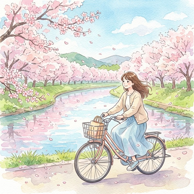 Geminiで作った桜並木と自転車の水彩画風イラスト