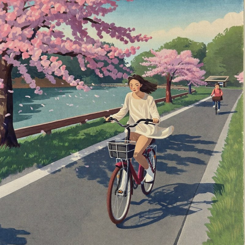 Higgsfieldで作った桜並木と自転車の水彩画風イラスト