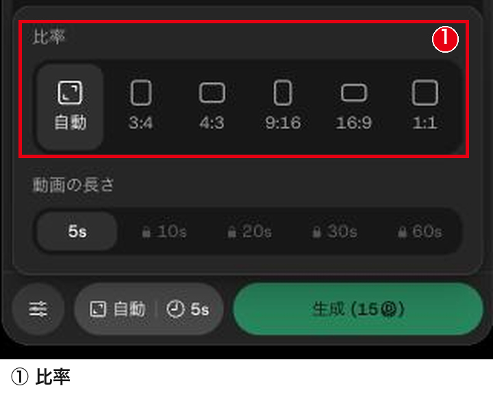 開いた欄の「比率」にある自動・3:4・4:3・9:16・16:9・1:1の選択