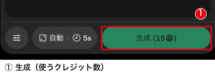 画面の下にある、使うクレジット数が表示された「生成」ボタン